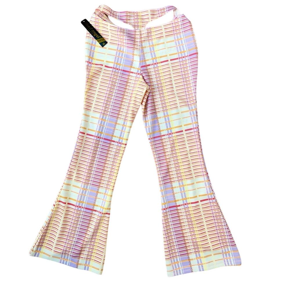 NWT Like an Angel Plaid Cut Out Back Colorful Y2K Style Flared Pants Women's XL - Picture 3 of 10